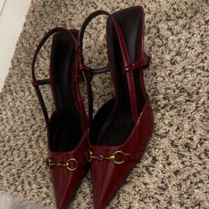 Aldo Burgundy Patent Leather Heels with Gold Accent